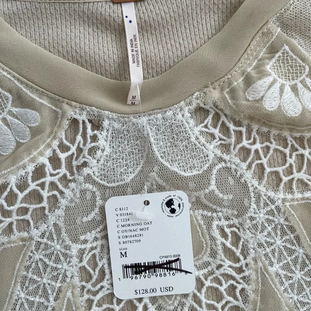 Free People Toni Top Embroidered Lace Long Sleeve Knit in Morning Oat Si…